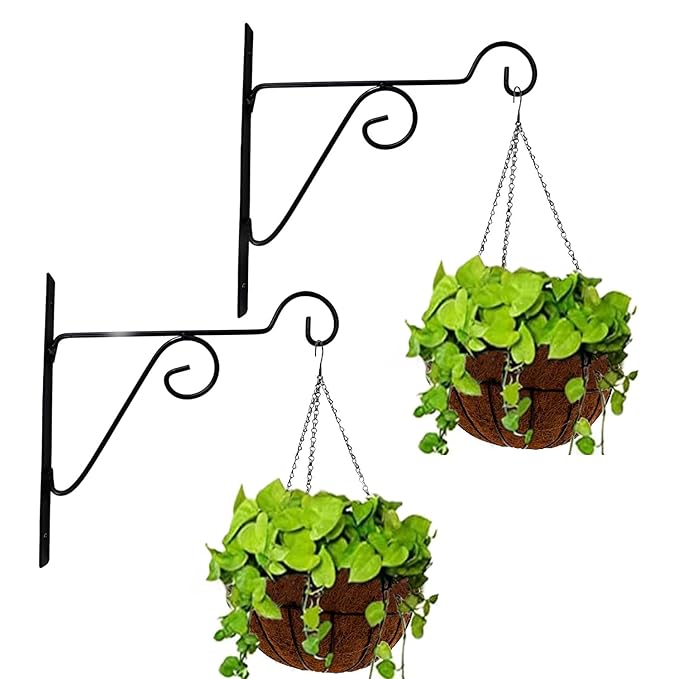 Metal Hanging Hooks, Holder for Indoor Outdoor Planters - Black - Pack of 2 (Wall mounting - 2)