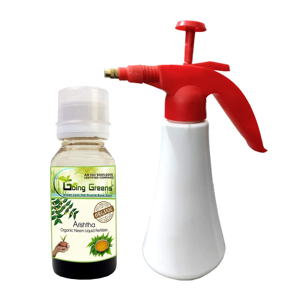 Arishtha Organic Neem Liquid Fertilizer – 100% Organic Pesticide (Reduces & Controls Harmful pest and Fungus in All Kinds of Plants) 100 ML and Plastic Pressure Sprayer Pump